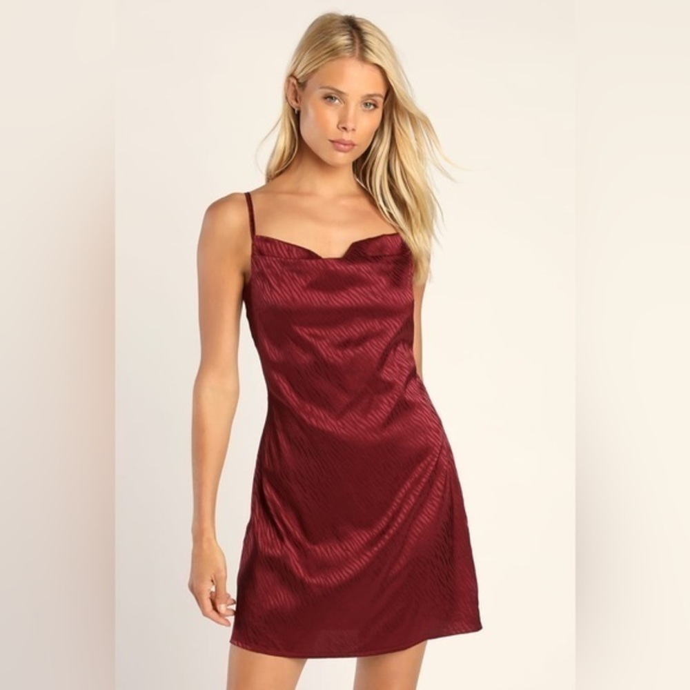 NWT Lulus Wild for the Music Burgundy Satin Jacquard Cowl Neck Mini Dress Small